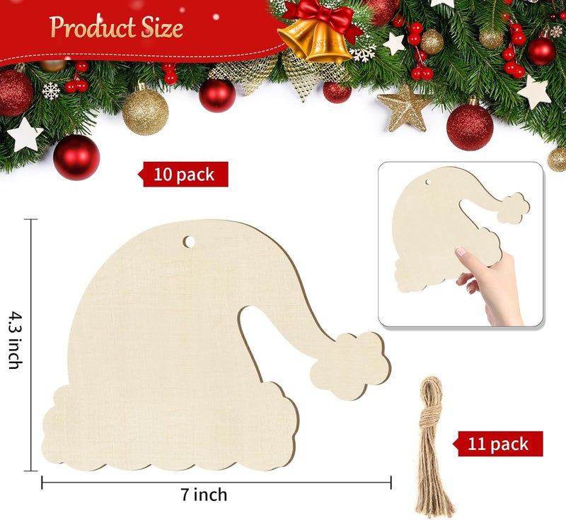 Sophena Large Christmas Wooden Ornaments to Paint 10Pcs, DIY Blank Unfinished Santa Hat Wood Cutout Ornament for Crafts Hanging Decorations, Halloween Thanksgiving Wedding Birthday Party Decoration - Image 2